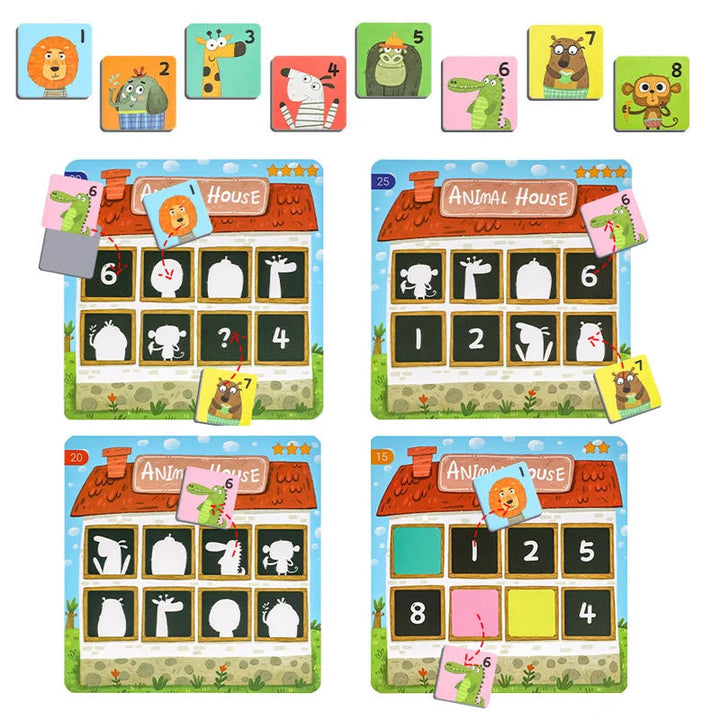 Eight animal pieces above four number and silhouette matching layouts