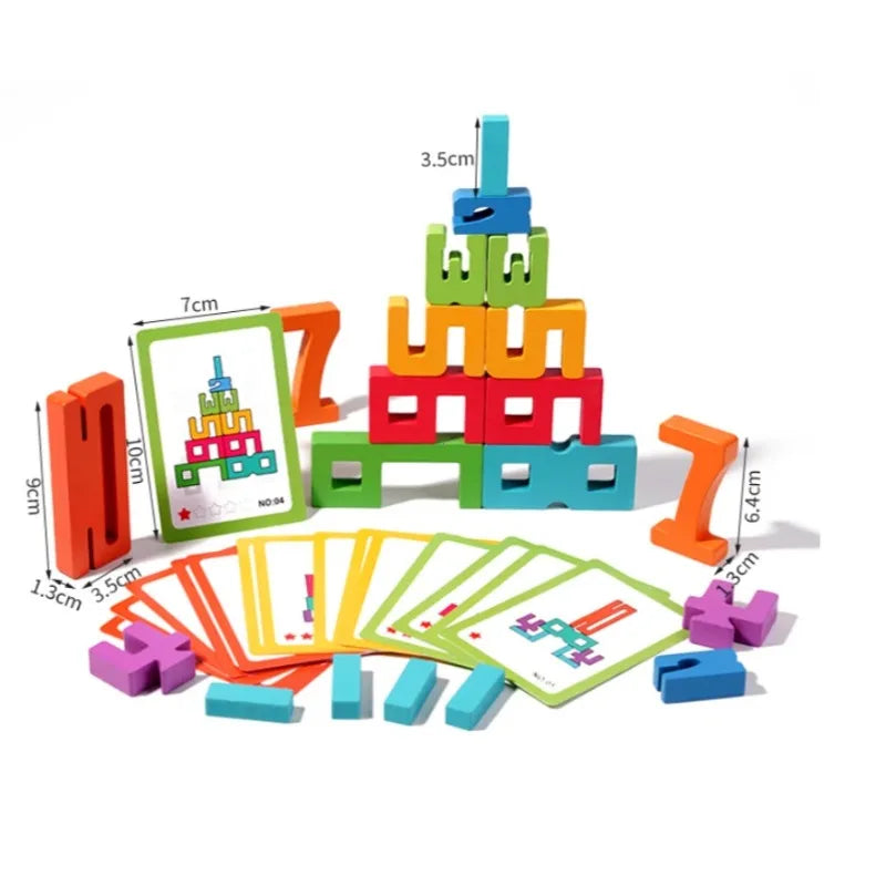 Wooden number blocks, stacking pattern cards, and measurement labels.