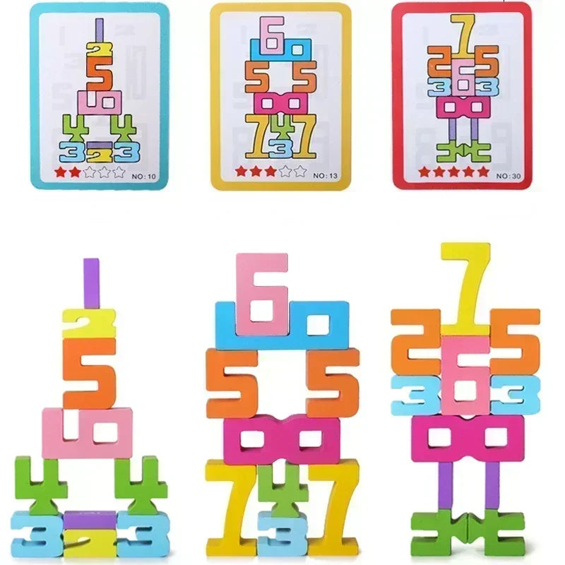 Three pattern cards above matching towers built from colorful number blocks.