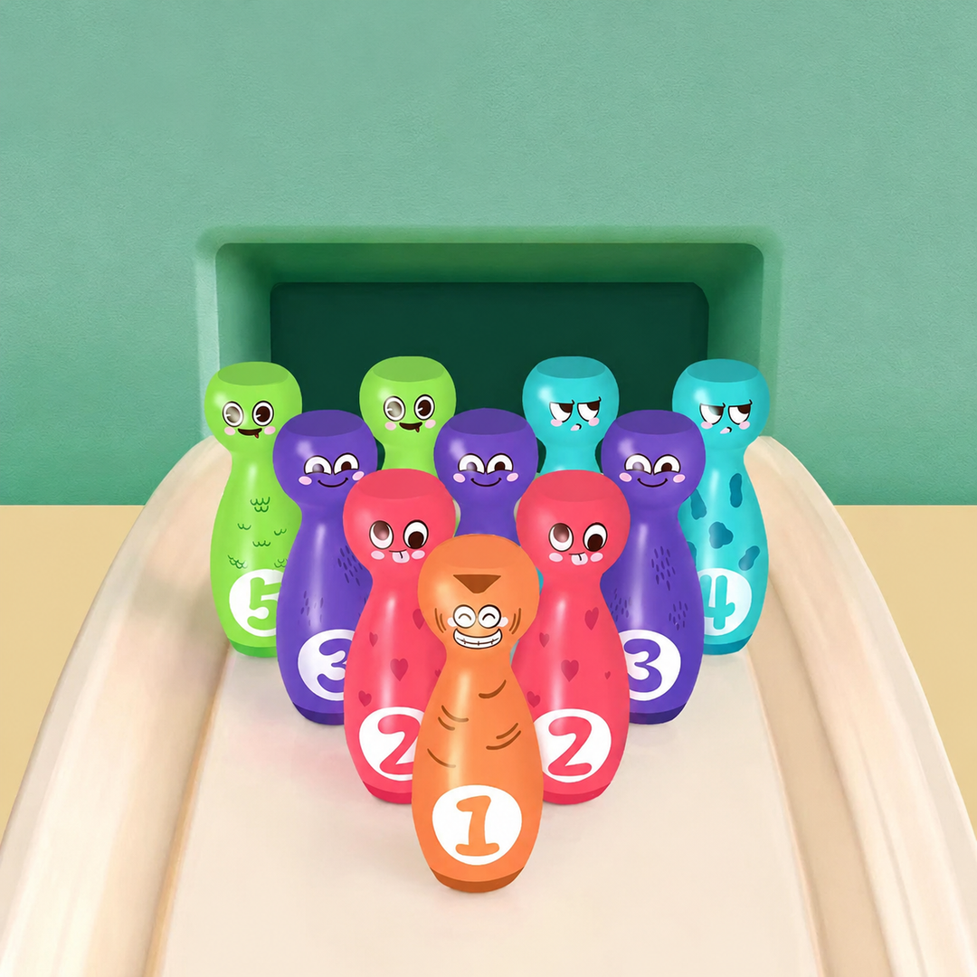 Numbered bowling pins with expressive faces arranged on a wooden lane