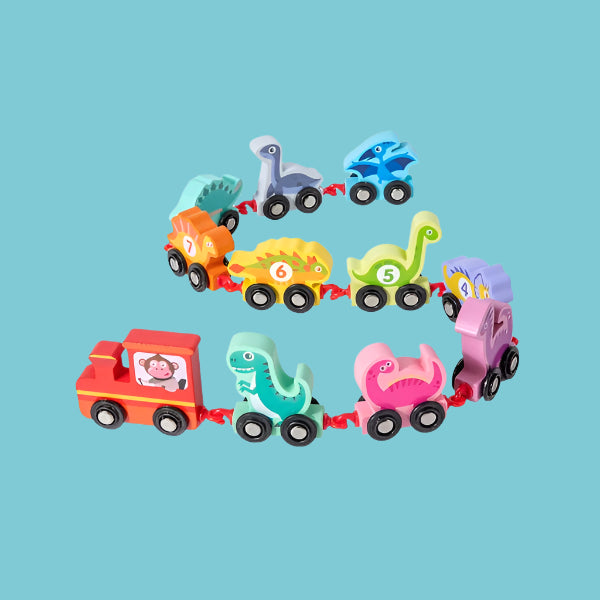 Colorful wooden dinosaur train with numbered dinosaur cars arranged in a curve