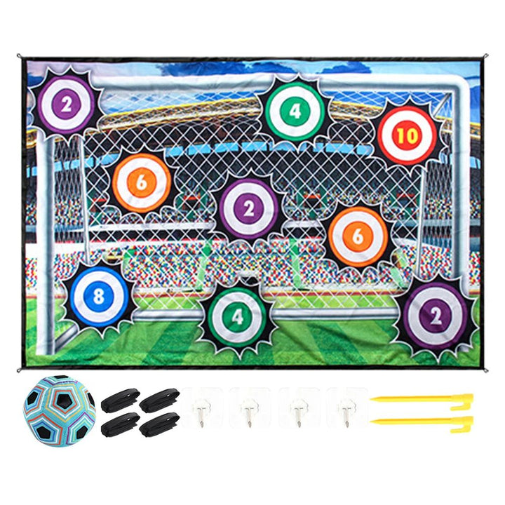 Goal-design soccer target set with numbered circles, a blue ball, ribbons, hooks and ground stakes