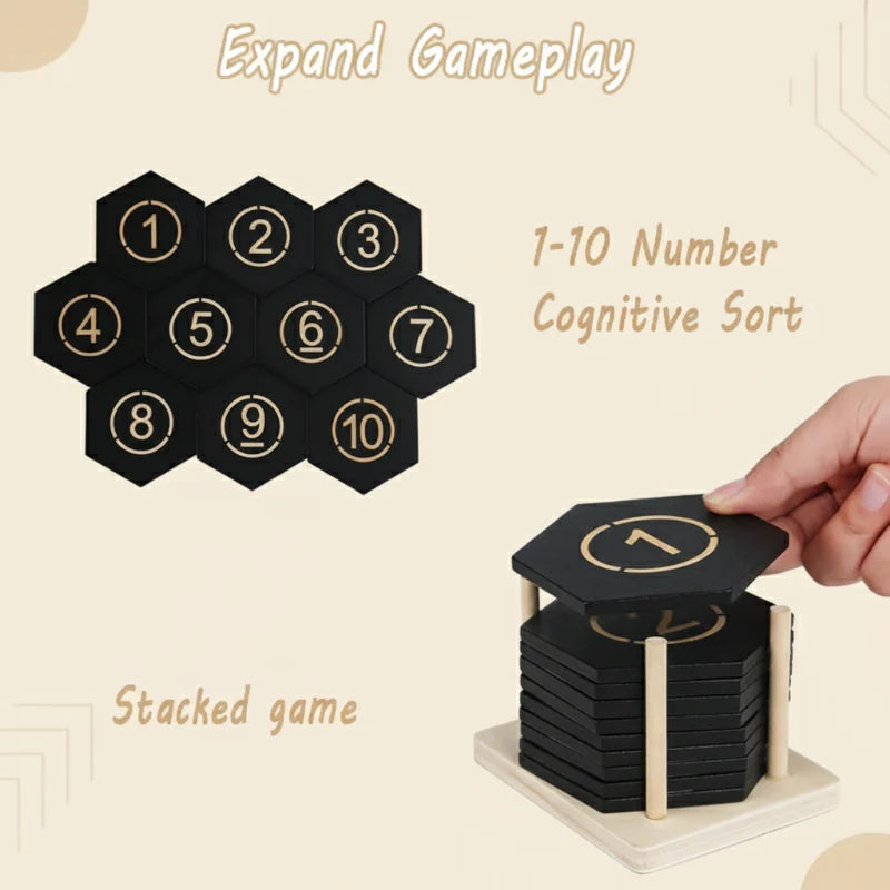 Wooden tiles numbered 1 through 10 arranged in a layout and stacked on a peg base