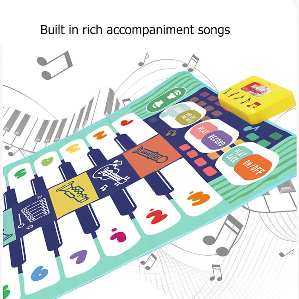 Close-up of a piano mat with numbered keys, instrument illustrations, and a yellow control unit