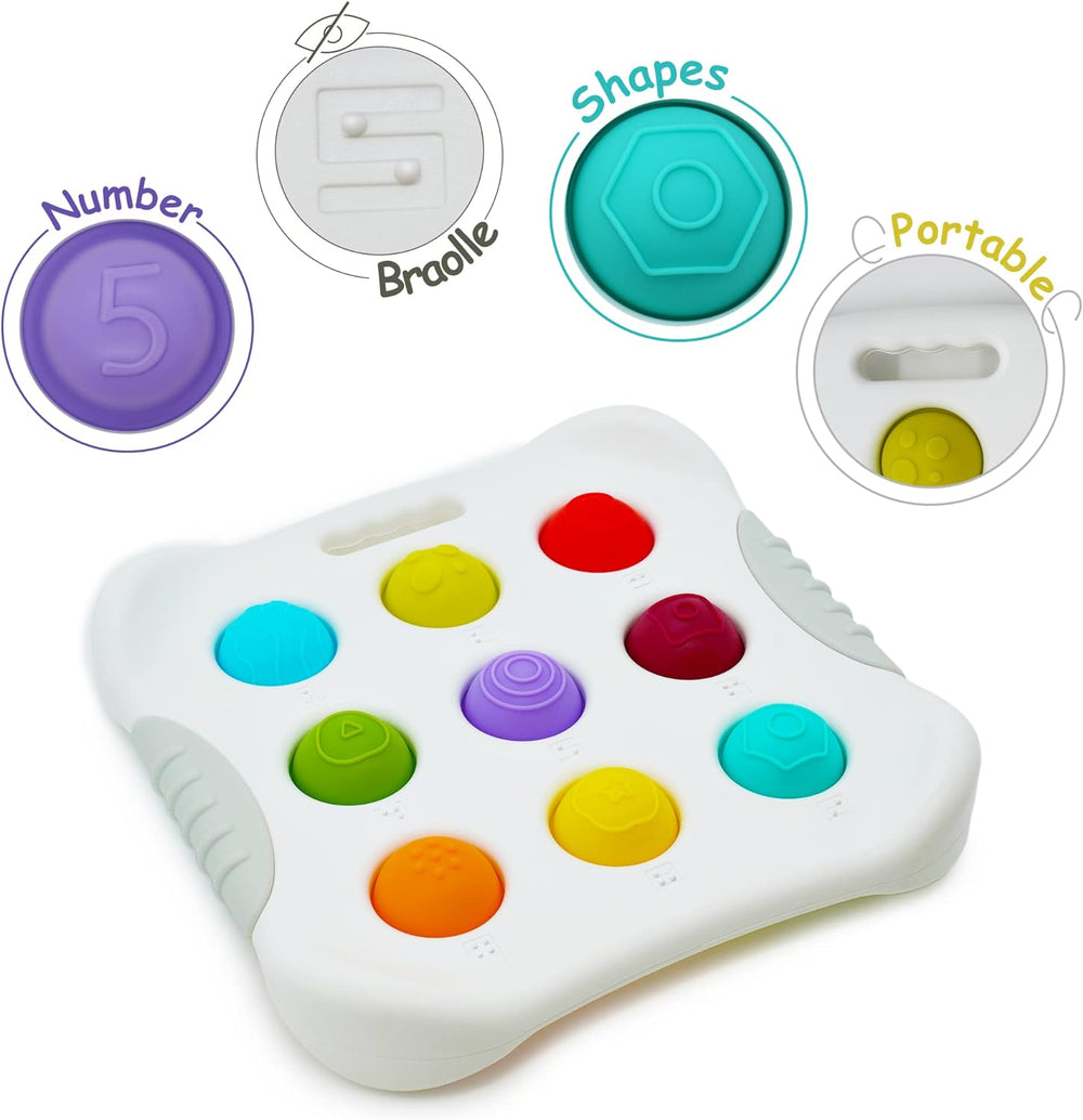 Colorful sensory button toy with number, shape, and carry-opening detail views