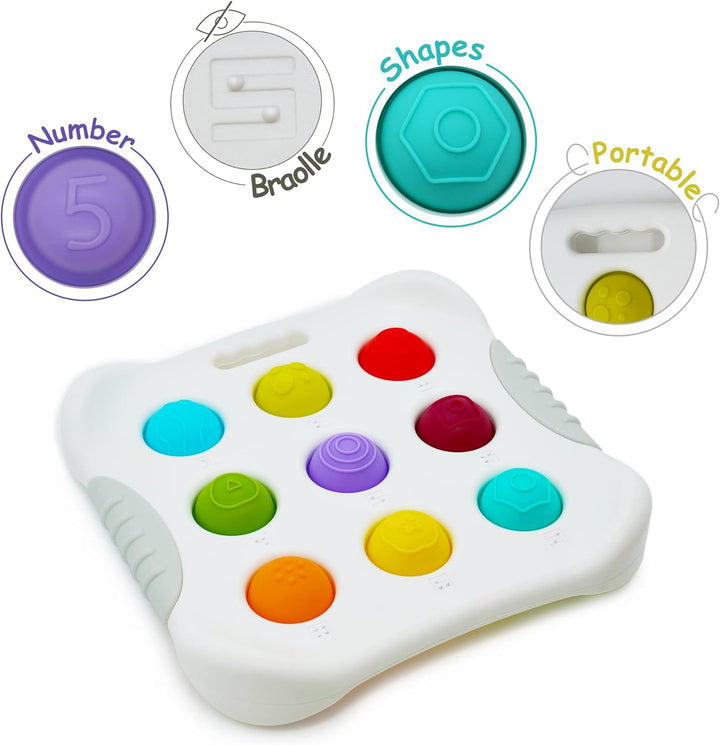 Colorful sensory button toy with number, shape, and carry-opening detail views