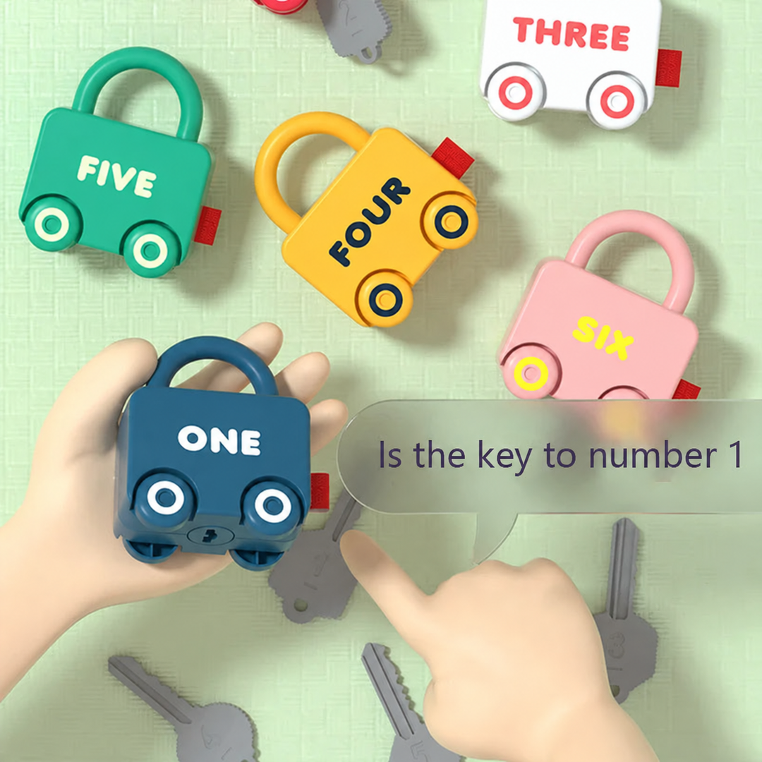 Hands holding a blue vehicle lock marked one beside numbered gray keys and other colorful locks.