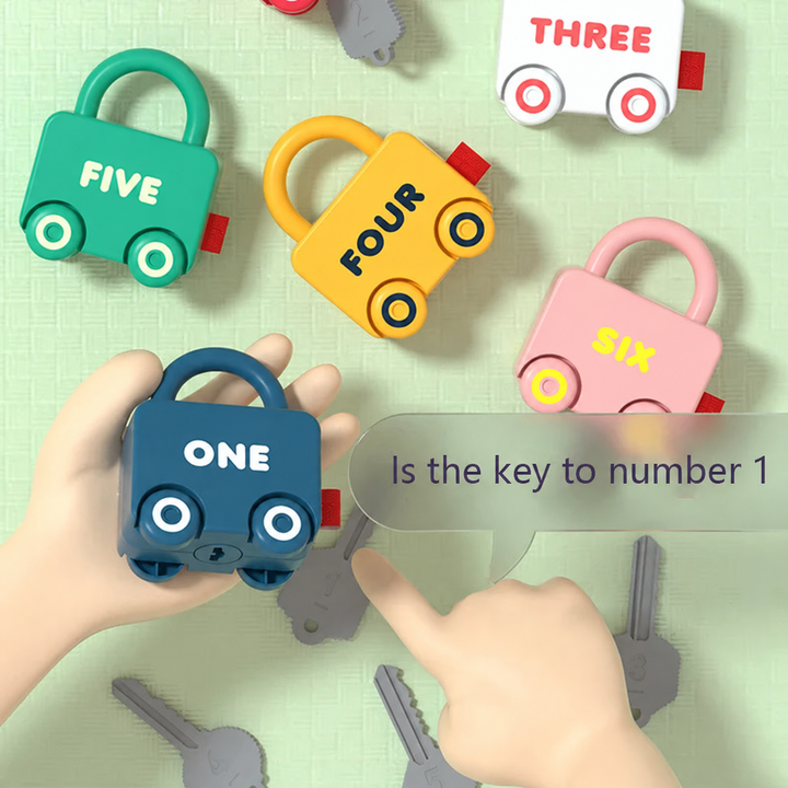 Hands holding a blue vehicle lock marked one beside numbered gray keys and other colorful locks.