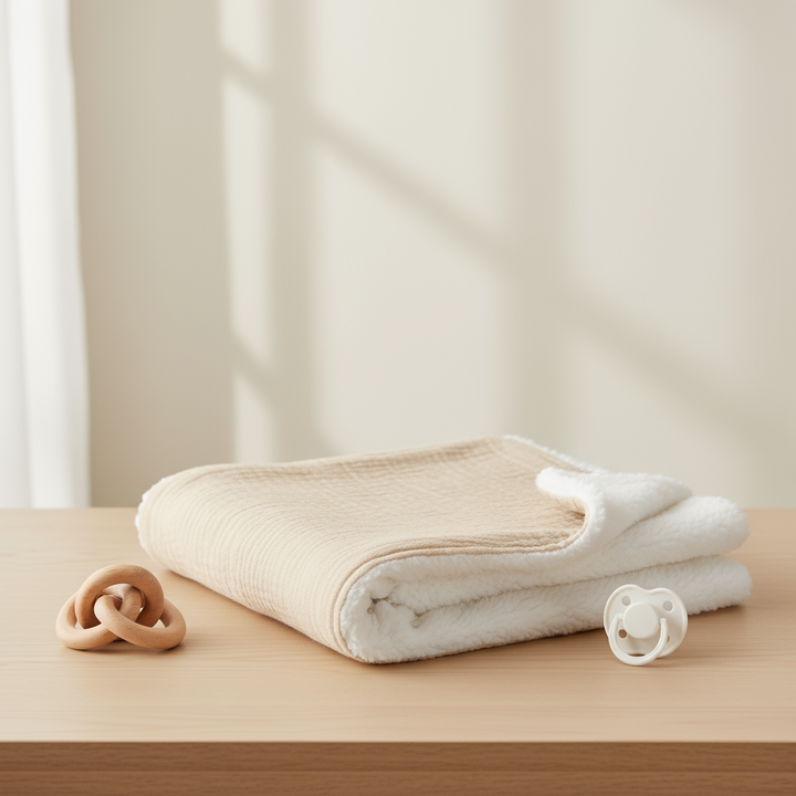 Folded oat-colored baby blanket showing its soft white sherpa backing