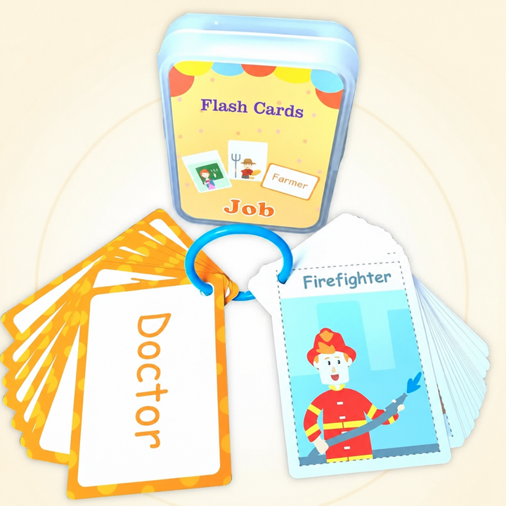 Occupation flash cards showing doctor and firefighter, with a ring and storage case.