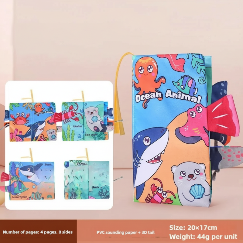 Ocean animal cloth book with colorful sea creatures and fabric tails