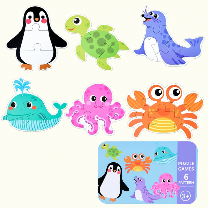 Six ocean-themed animal puzzles with a blue storage tin