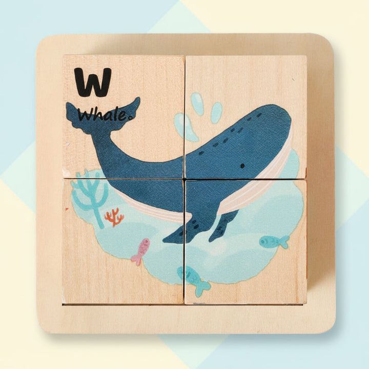 Ocean animal block puzzle with a blue whale picture completed in the wooden tray