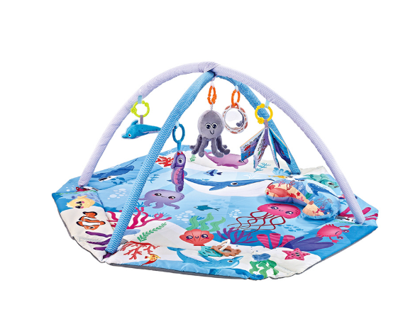 Ocean Blue baby play mat with sea-creature prints, crossed arches, and hanging toys