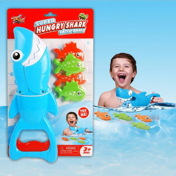 Shark and fish bath toy set in upright packaging beside a child playing in water