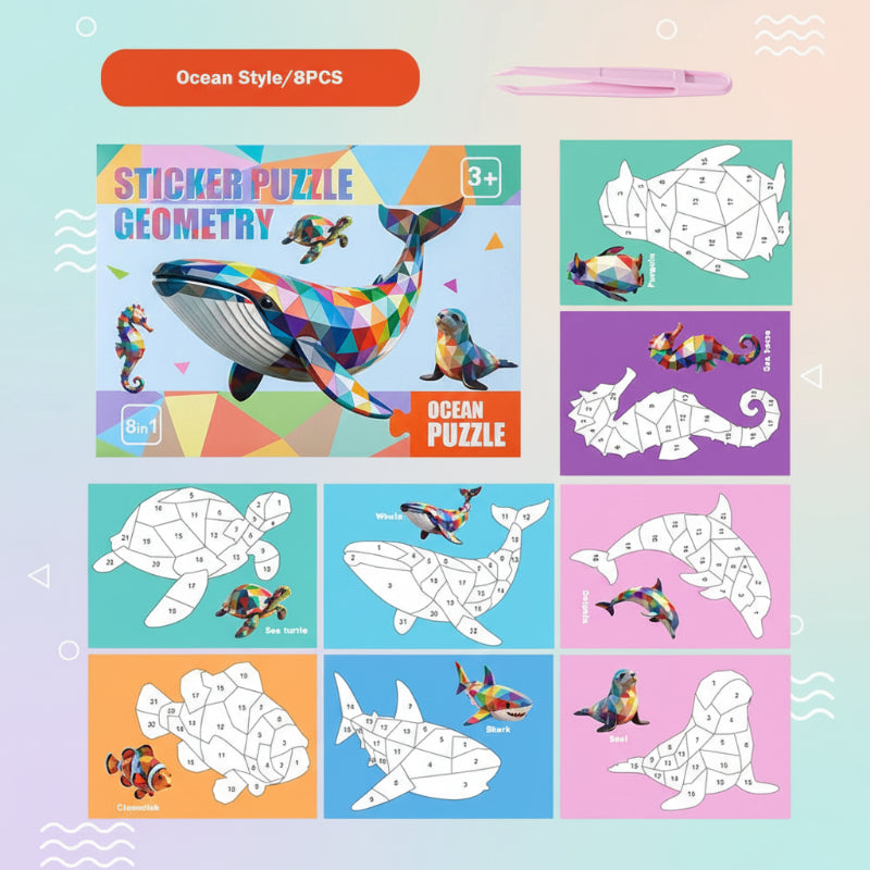 Ocean-themed sticker puzzle set with eight designs, including a whale, turtle, and dolphin