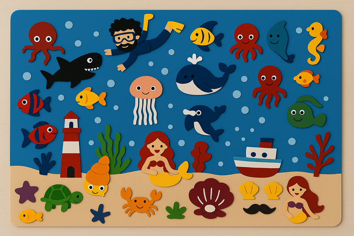 Underwater felt board with fish, sharks, jellyfish, a diver, mermaids, a lighthouse, and a boat
