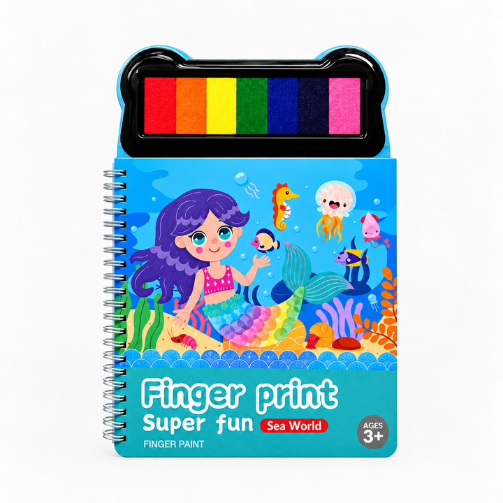 Ocean spiral finger painting book with a mermaid cover and integrated multicolor paint pad