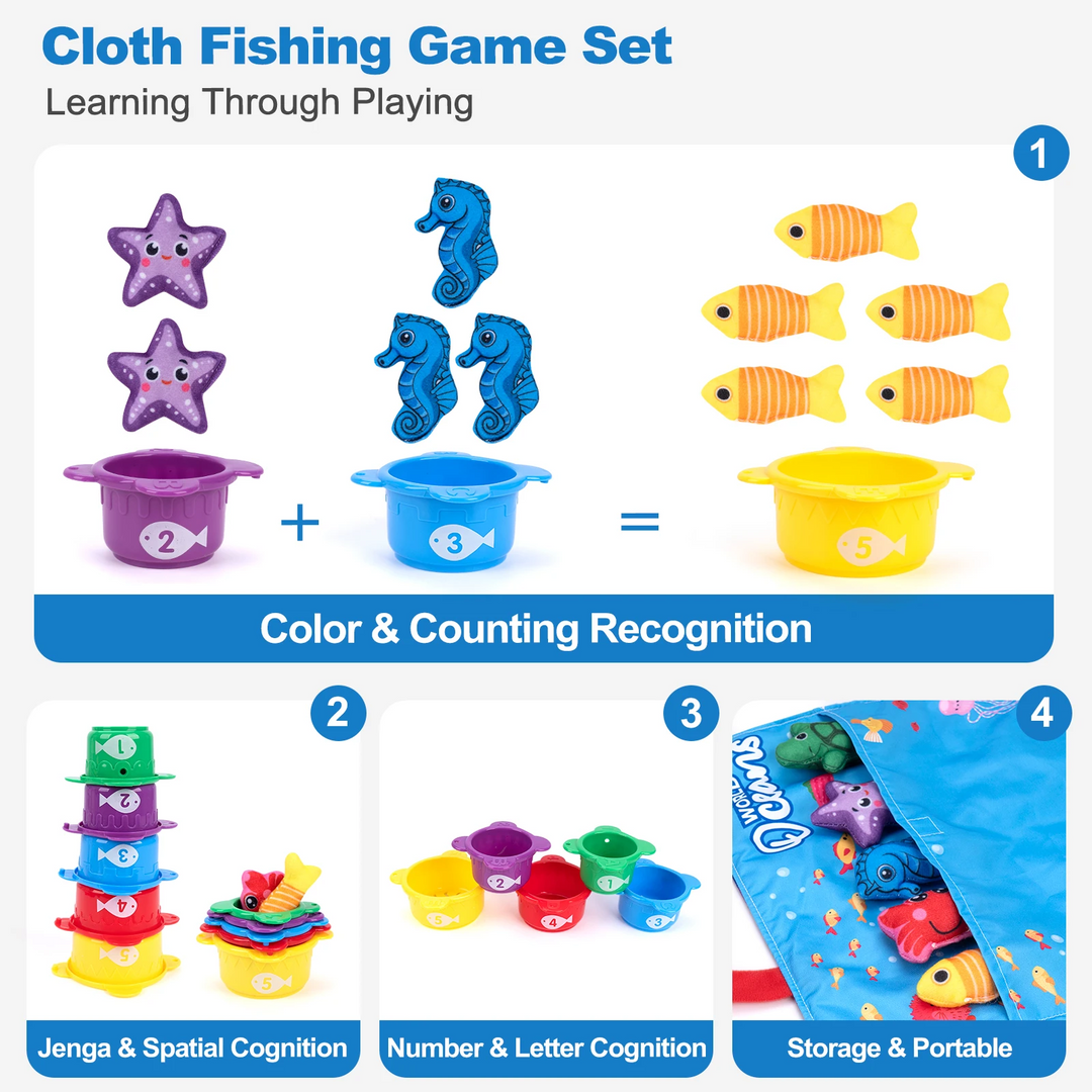 Ocean game graphic showing color sorting, counting, container stacking, and carry-bag storage