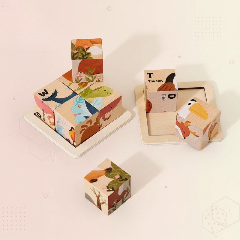 Ocean and forest animal wooden block puzzles displayed with loose cubes and trays