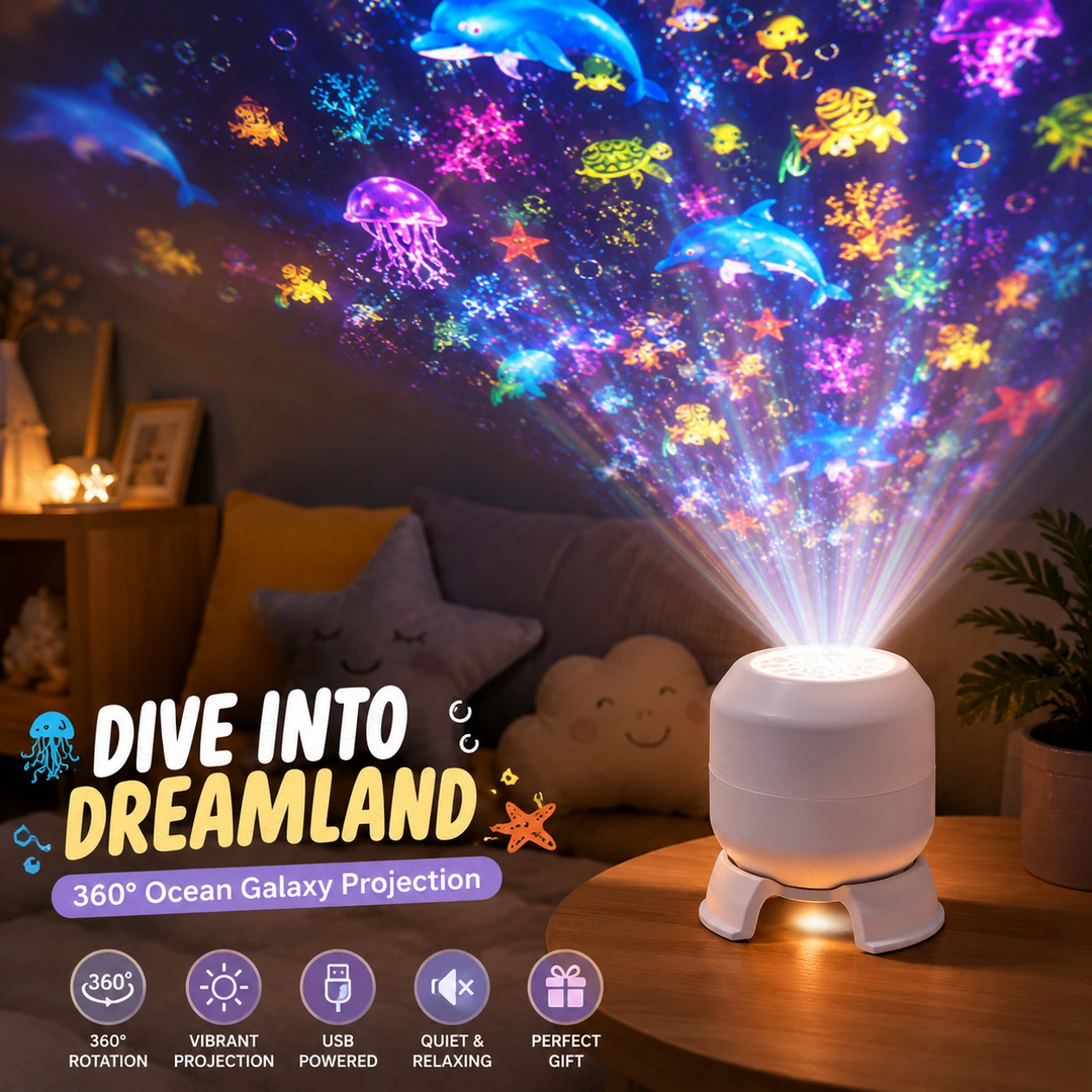 Ocean projector night light casting colorful sea creatures above a bedside table