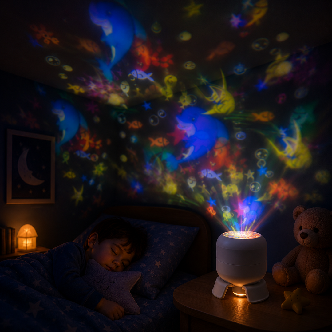 Child sleeping beside an ocean projector night light with colorful sea creatures on the walls and ceiling