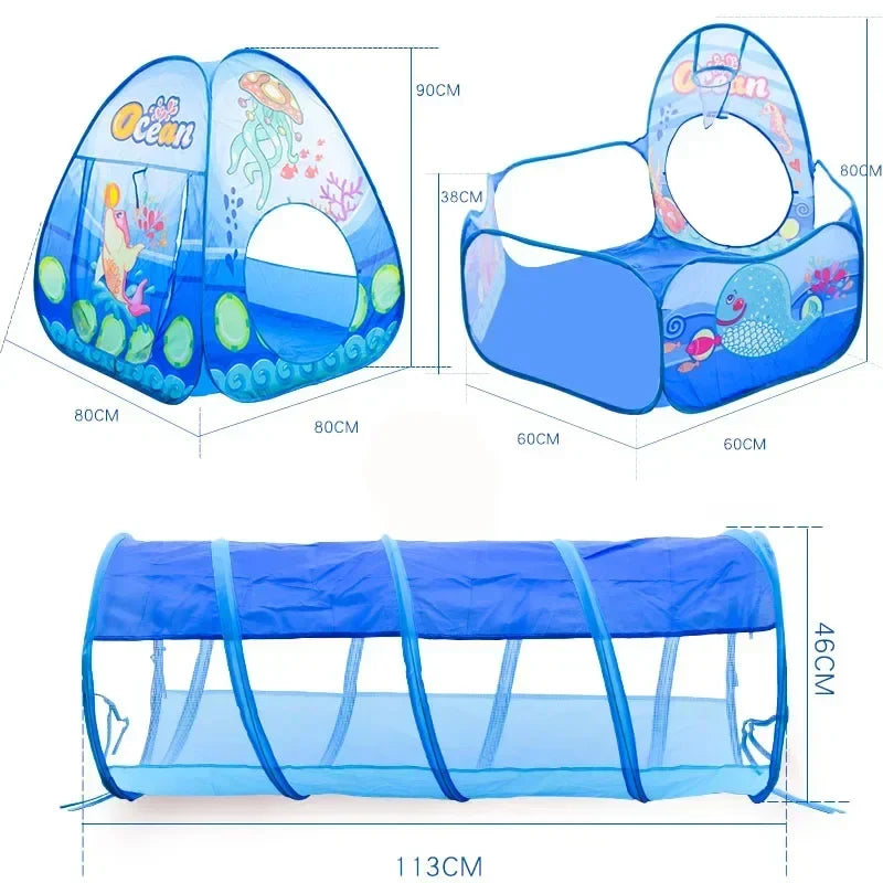 Measurement diagram of the ocean-print play tent, ball pit, and crawl tunnel