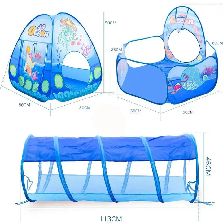 Measurement diagram of the ocean-print play tent, ball pit, and crawl tunnel