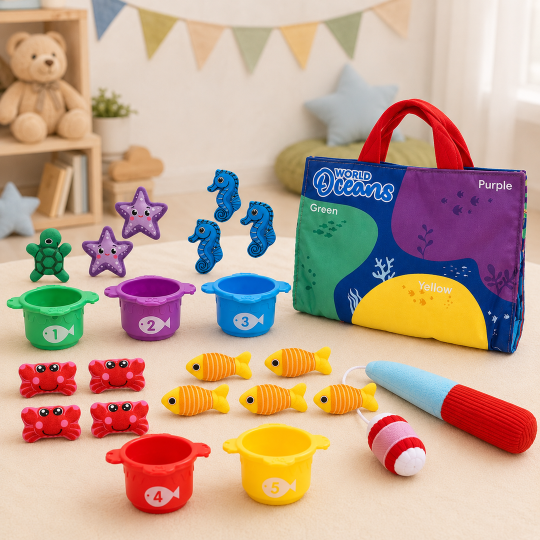 Ocean fishing set with plush sea creatures, five numbered containers, a toy rod, and a carry bag