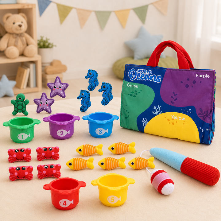 Ocean fishing set with plush sea creatures, five numbered containers, a toy rod, and a carry bag