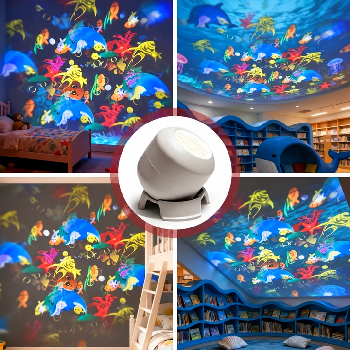 Collage of ocean-themed wall and ceiling projections with the white night light in the center