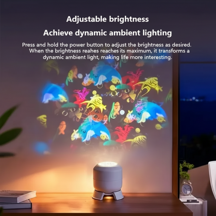 Ocean projector night light illuminating a wall beside an adjustable-brightness feature callout
