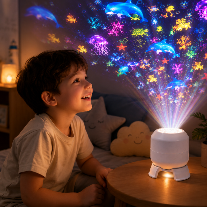 Child watching colorful ocean patterns projected above a white LED night light