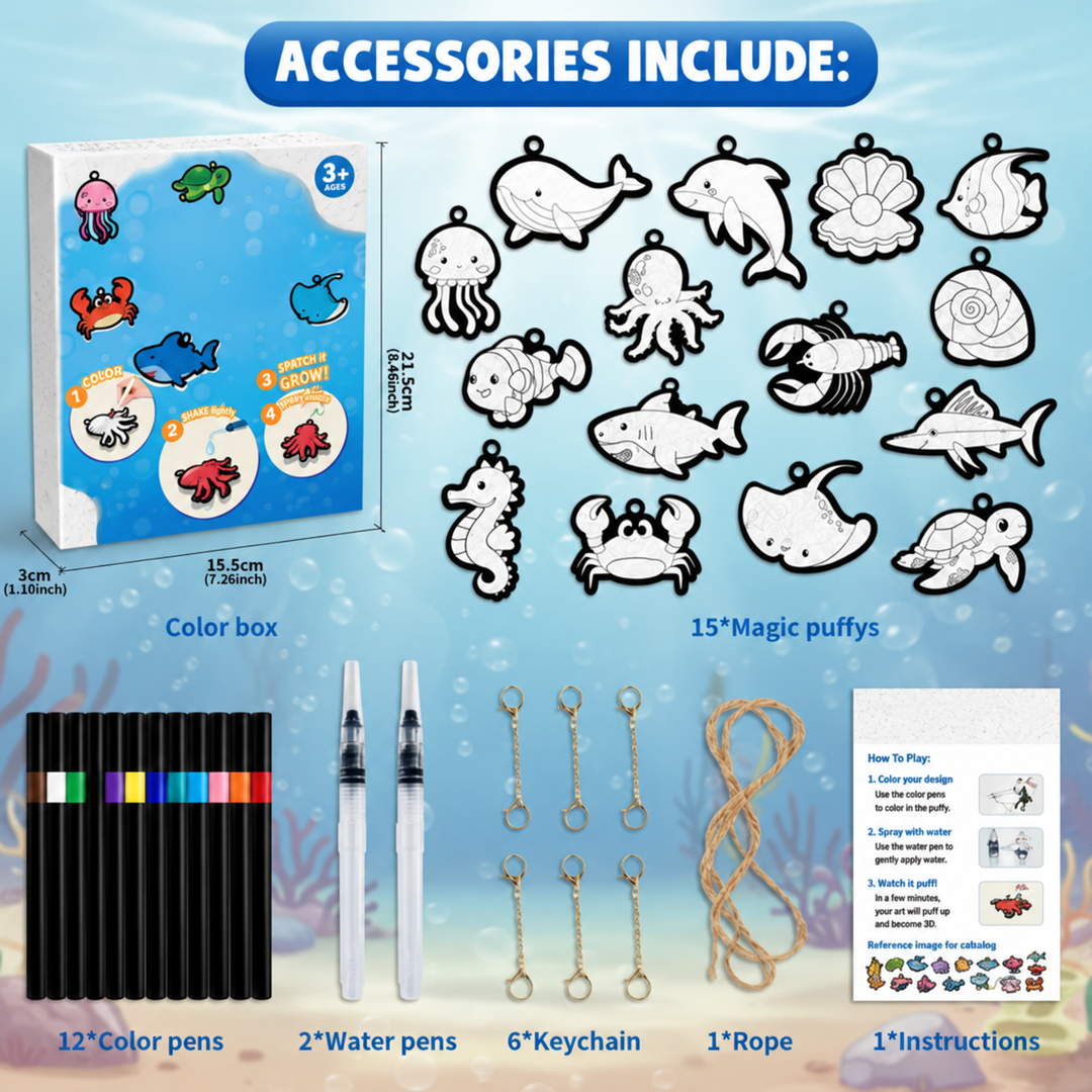 Ocean craft kit with sea-animal patterns, markers, water pens, keychain clips, and string