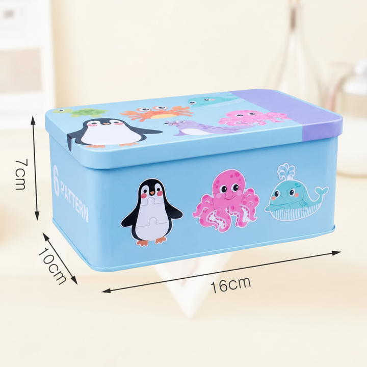 Ocean puzzle storage tin measuring 16 cm long, 10 cm wide, and 7 cm tall