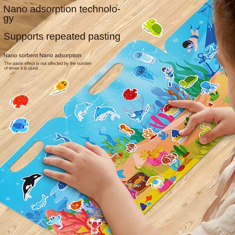 Hands arranging reusable sea creature stickers across an ocean activity scene