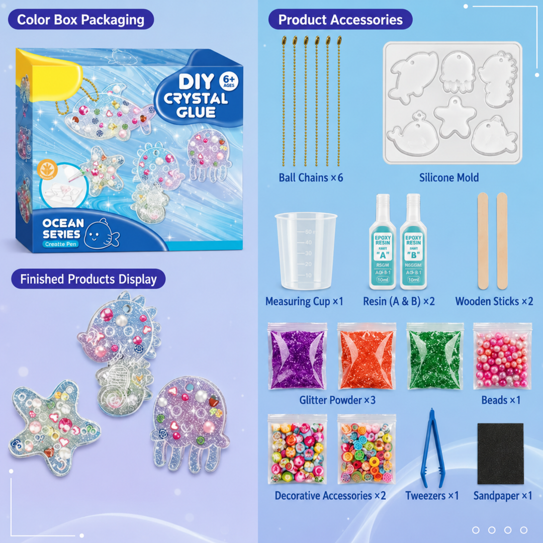 Ocean-themed keychain kit with a silicone mold, resin bottles, ball chains, and decorating tools