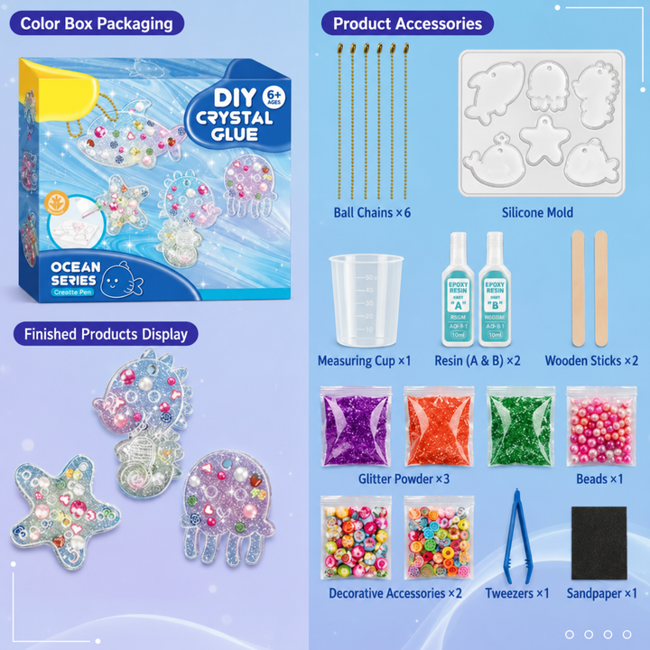 Ocean-themed keychain kit with a silicone mold, resin bottles, ball chains, and decorating tools