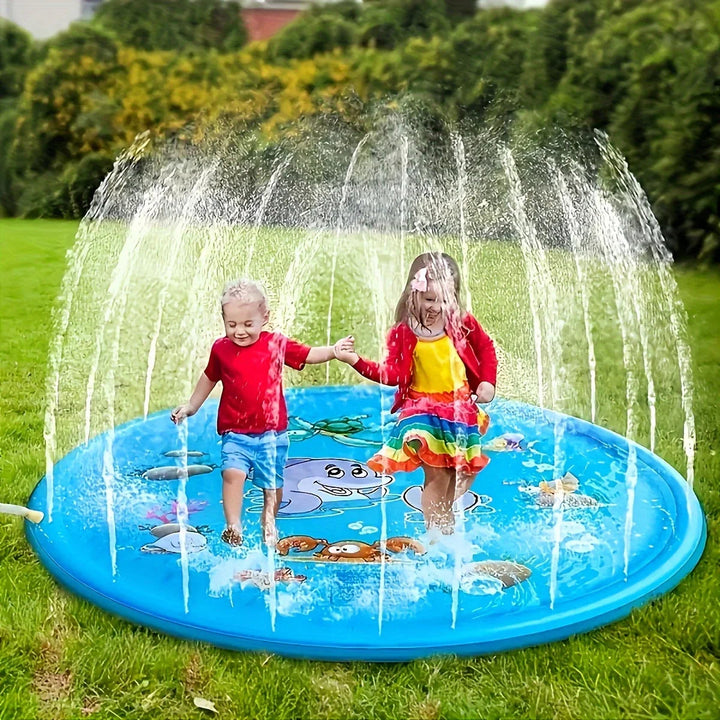 Two children playing in a blue sea animal sprinkler mat on a lawn