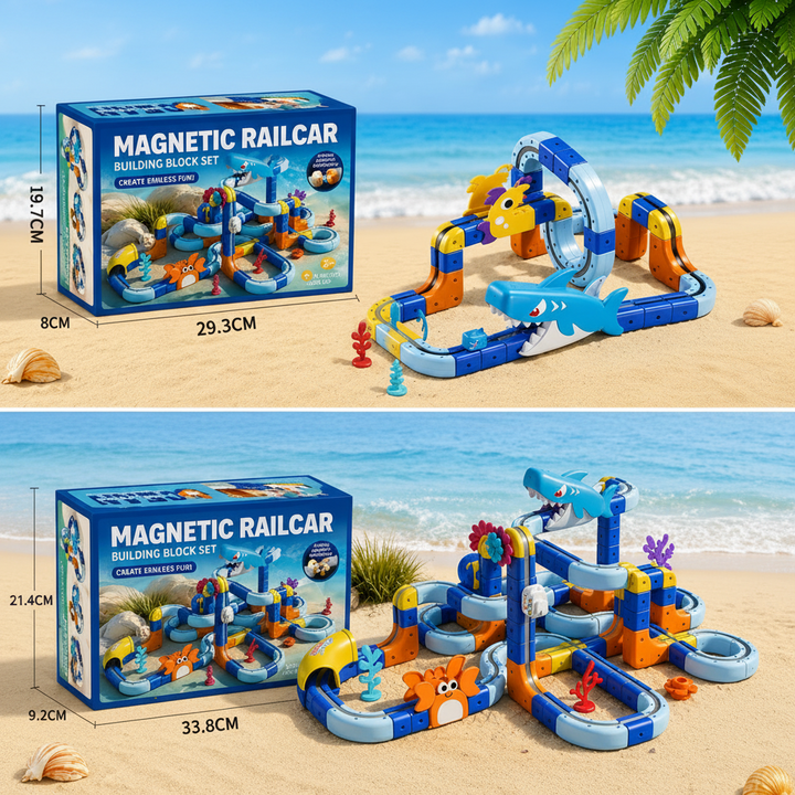 Packaging measurements for the 85-piece and 117-piece ocean train sets