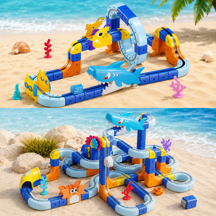 Two ocean-themed train layouts with curved tracks, raised sections, and sea-animal decorations