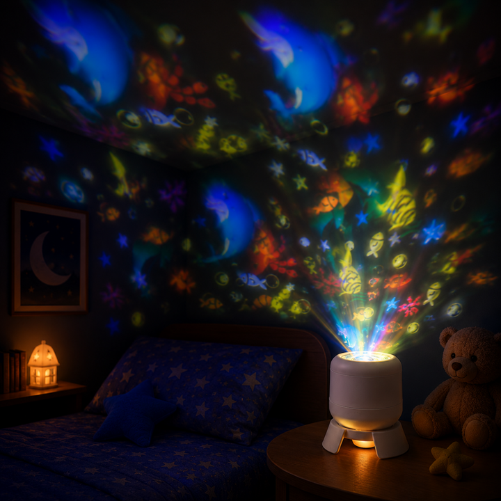 Ocean version of the projector night light illuminating a bedroom with colorful sea life