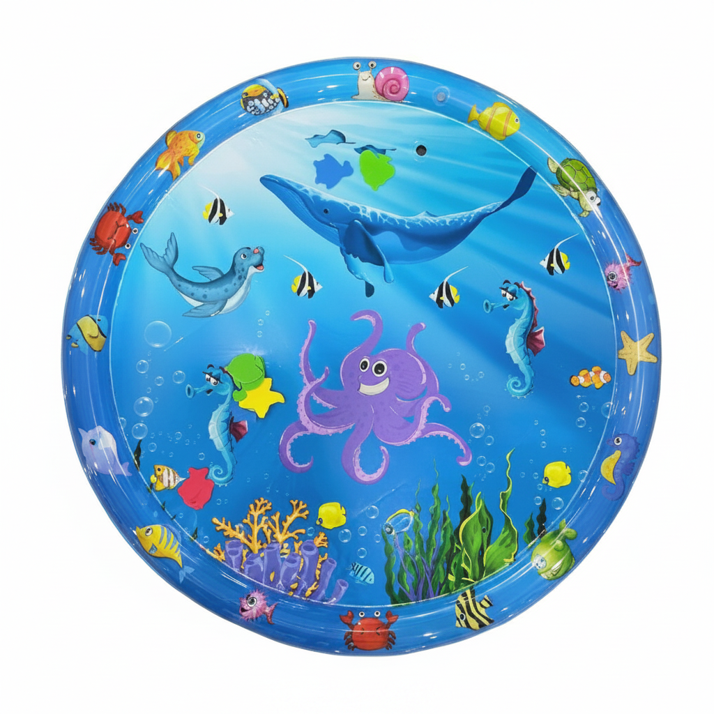Round ocean water mat featuring a whale, octopus, seahorse, and bright floating shapes