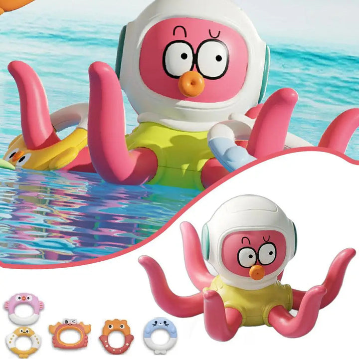 Pink octopus bath toy shown in water, with the five colorful rings displayed below
