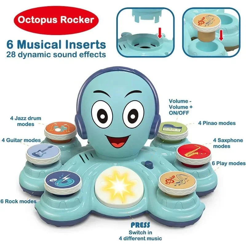 Blue octopus music toy showing six removable inserts, sound modes and the center music button.