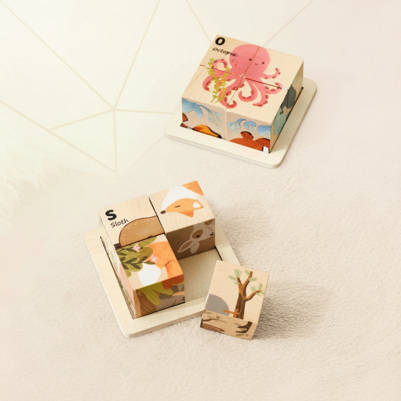 Octopus puzzle and a partially assembled forest animal puzzle with loose wooden cubes