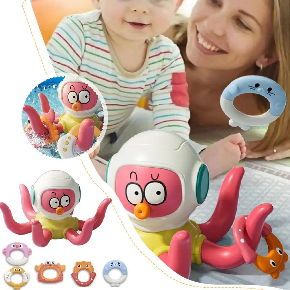 Child and adult beside an octopus ring-toss toy, with close-up views of the set