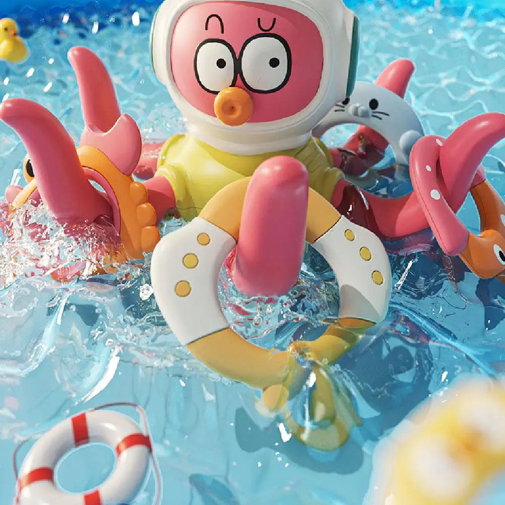 Pink octopus bath toy surrounded by colorful rings in splashing water