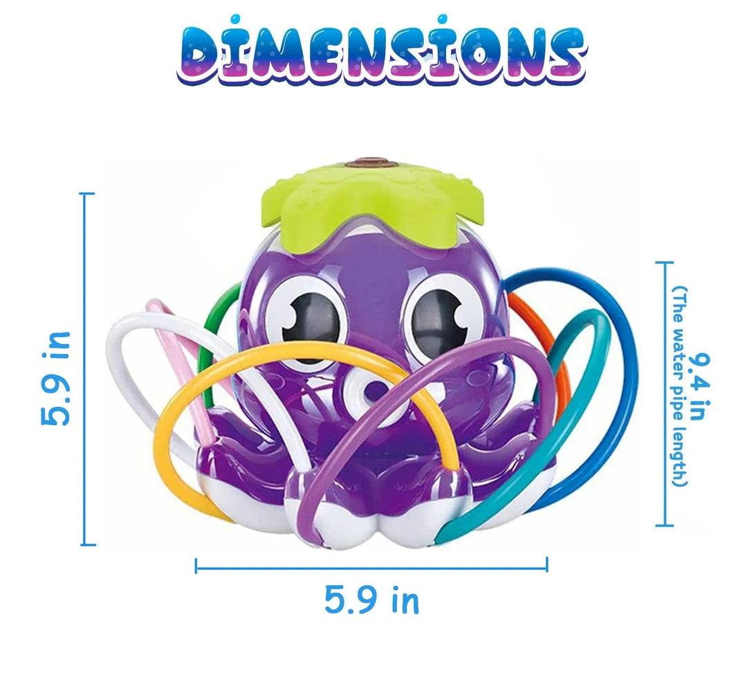 Octopus sprinkler dimensions showing 5.9-inch height and width with 9.4-inch tubes
