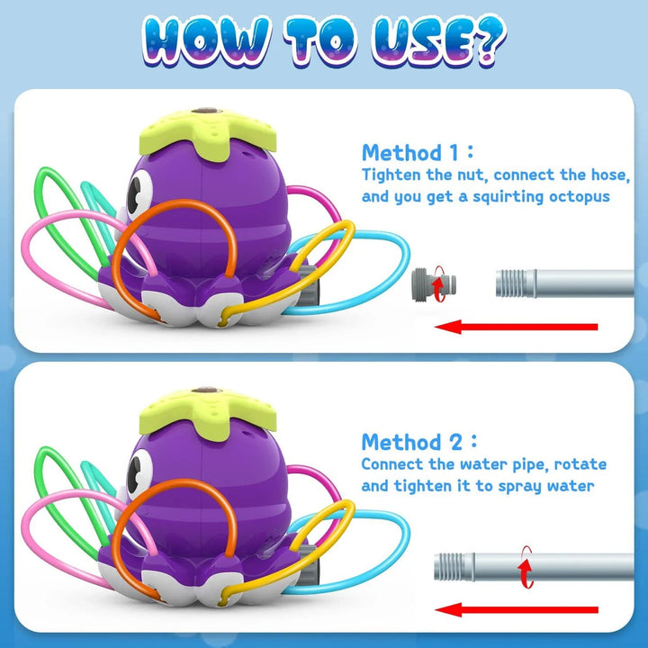 Two illustrated methods for connecting the octopus sprinkler to a garden hose